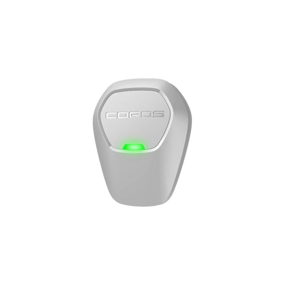 Un dispositivo Coros bianco con luce verde. Il logo Coros è visibile.