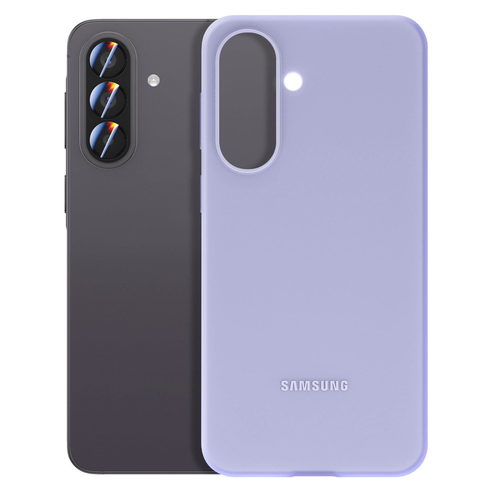 Uno smartphone scuro è accanto a una cover lavanda con logo Samsung.