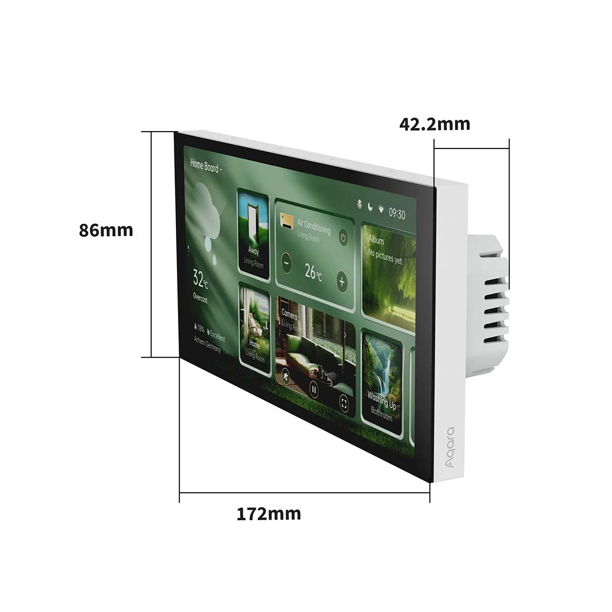 Panel sterowania smart home pokazujący pogodę, temp., stan.
