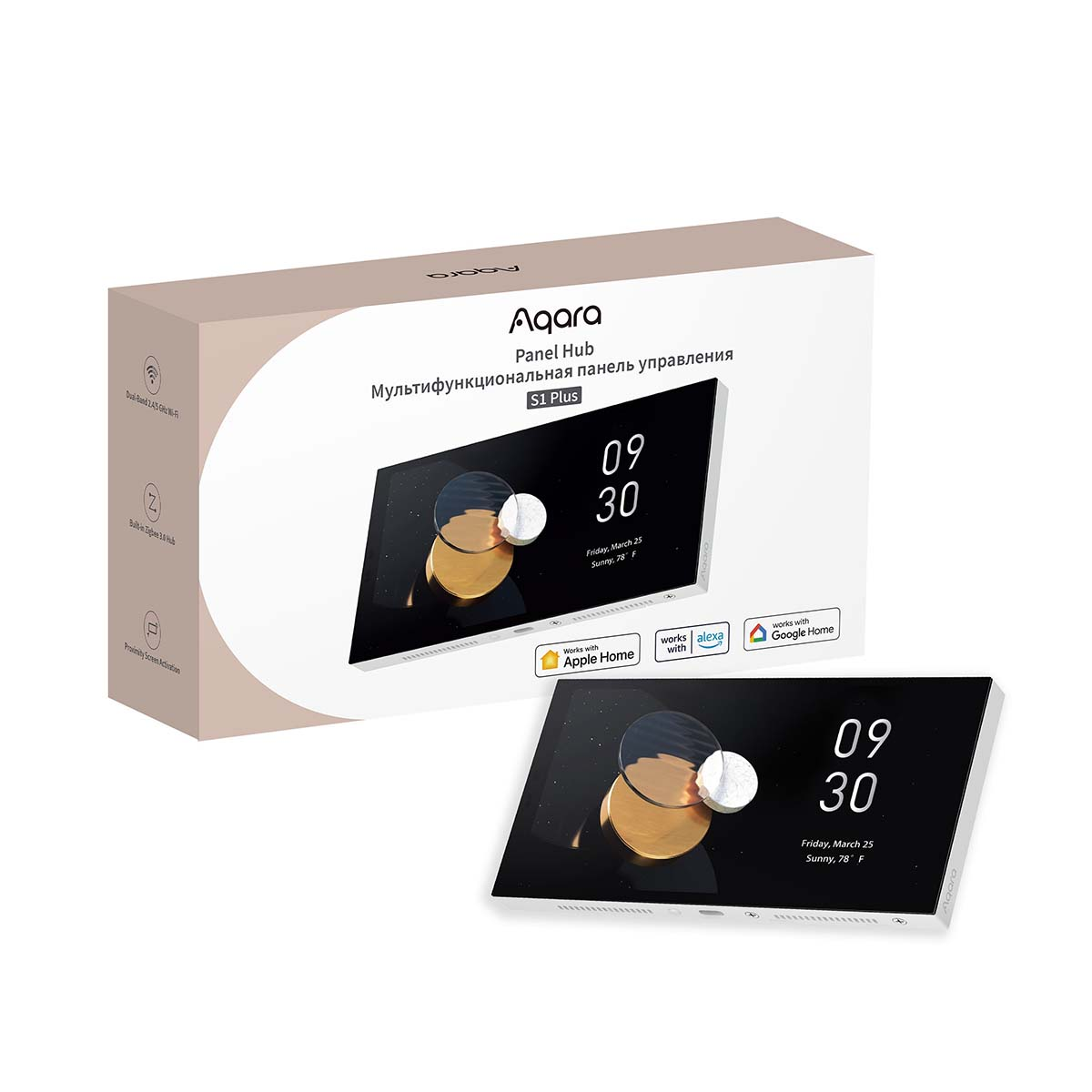 Aqara Panel Hub S1 Plus ekran dotykowy wyświetla czas i pogodę.