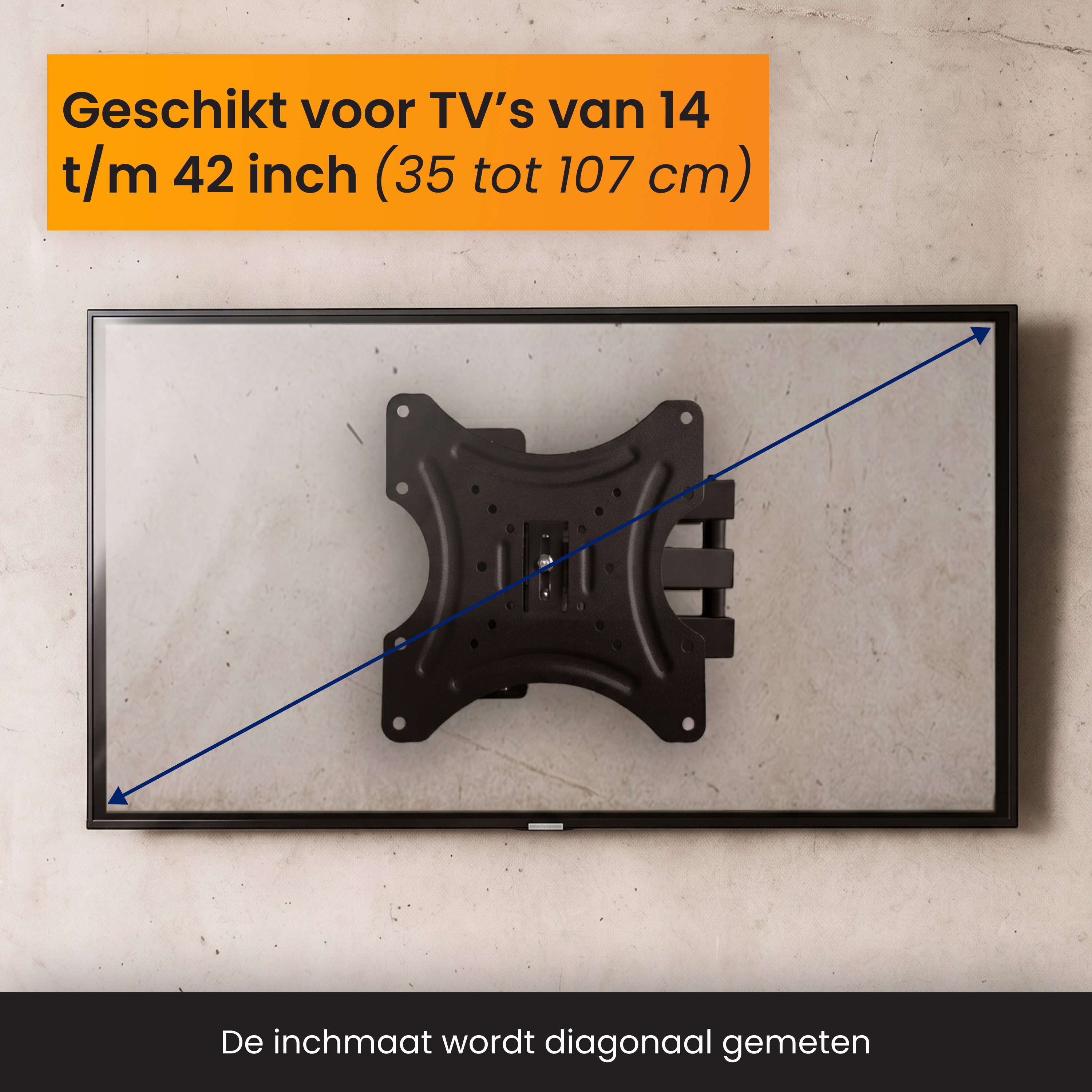 Zwarte tv-muurbeugel aan een muur, voor tv's van 14-42 inch.