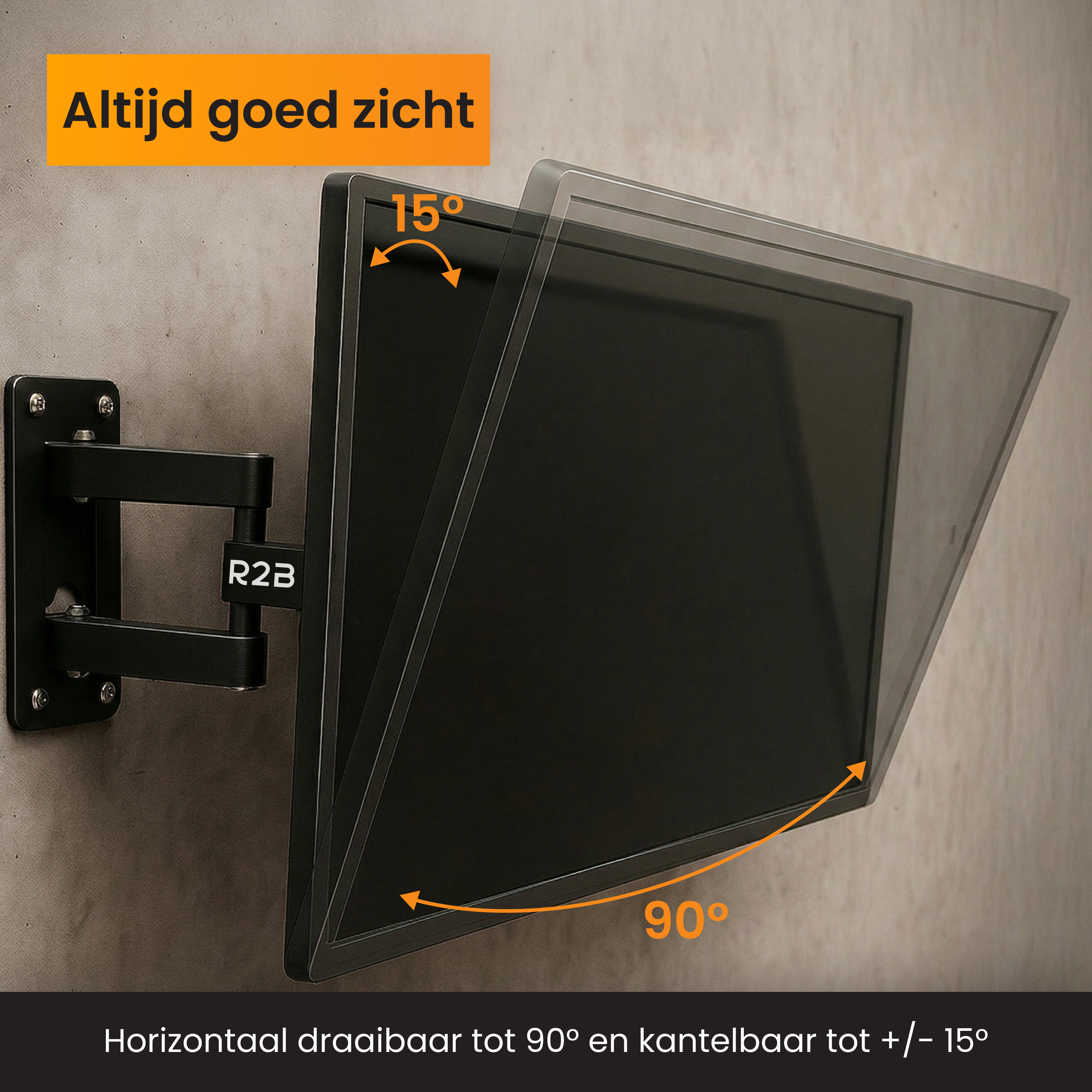 Een zwarte monitor is aan een draaibare arm aan een muur bevestigd.