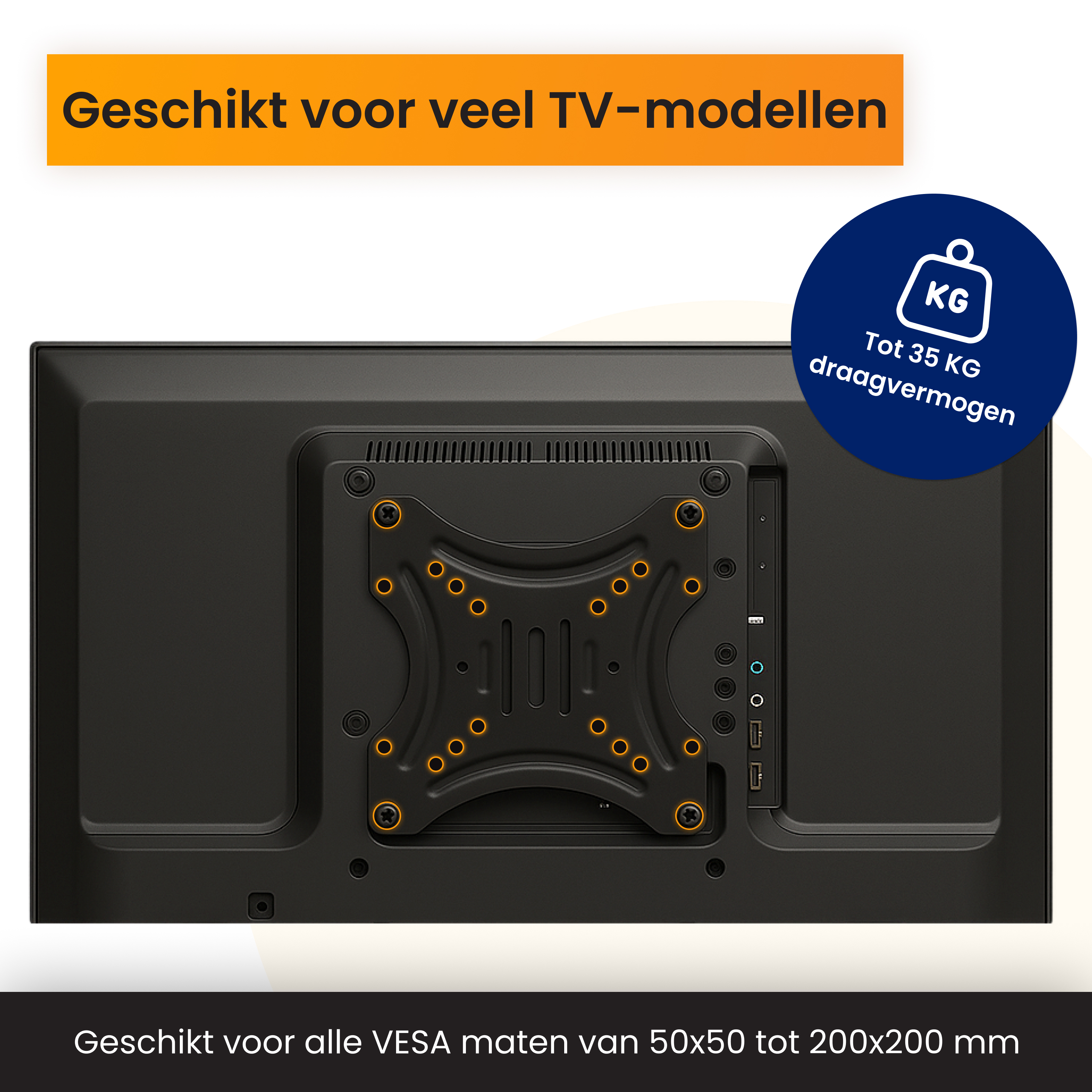 Achterkant tv met beugel. Draagvermogen tot 35 KG. VESA 50x50 tot 200x200mm.