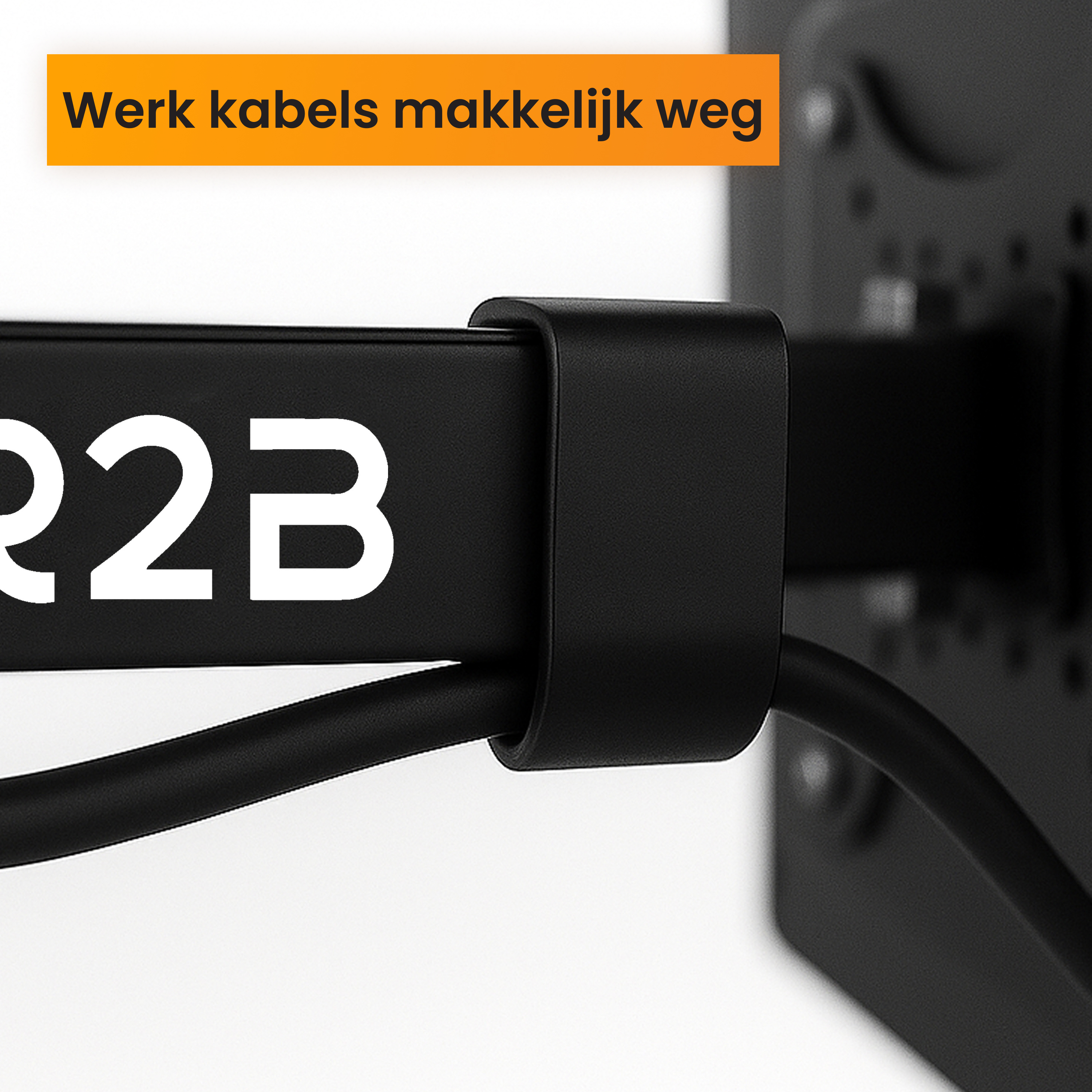 Zwarte kabelgoot met witte 'R2B' tekst en oranje tekst.