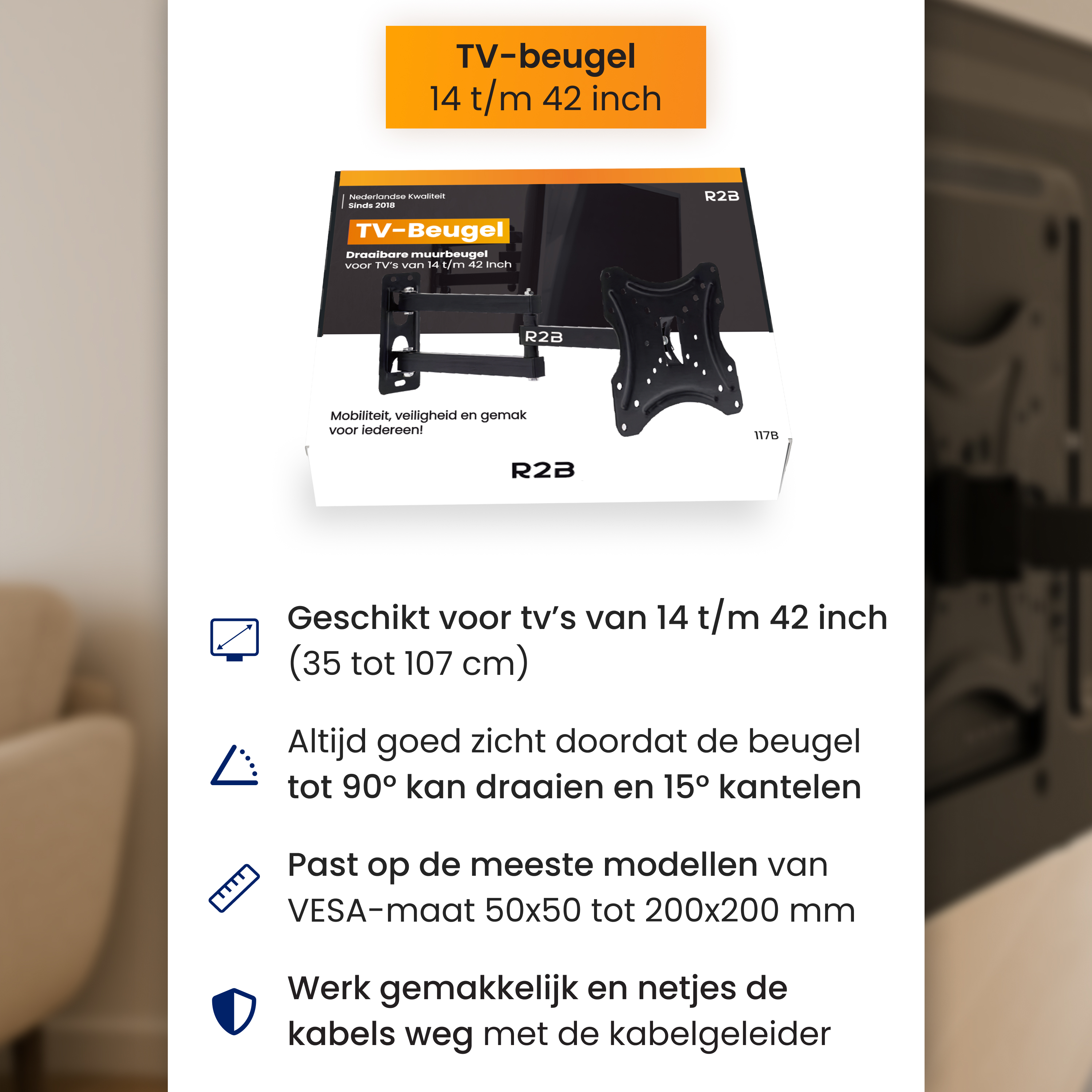 Black TV wall mount for 14-42 inch TVs, swivels and tilts.