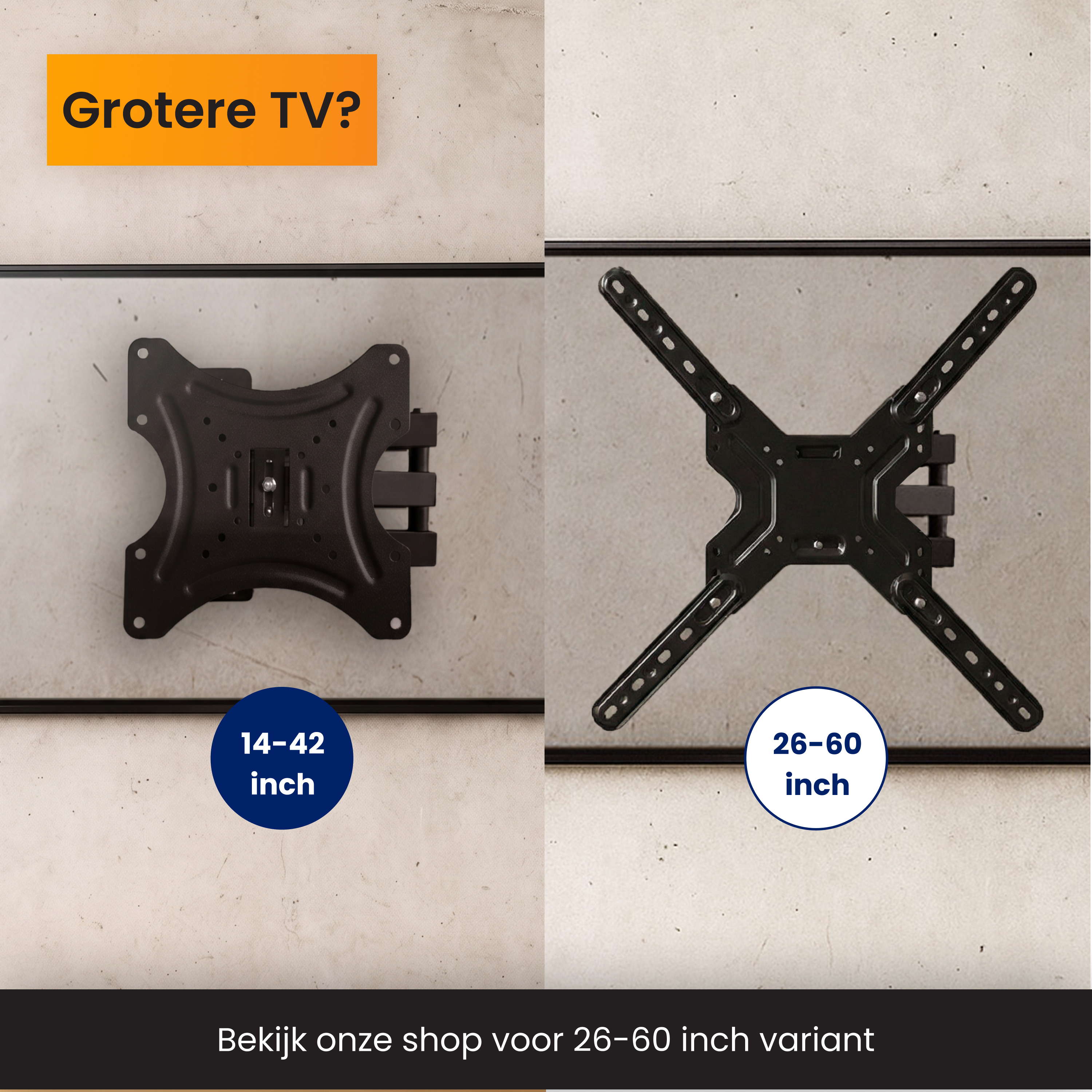 Twee zwarte tv-muurbeugels op betonnen muur, maten 14-42 en 26-60 inch.