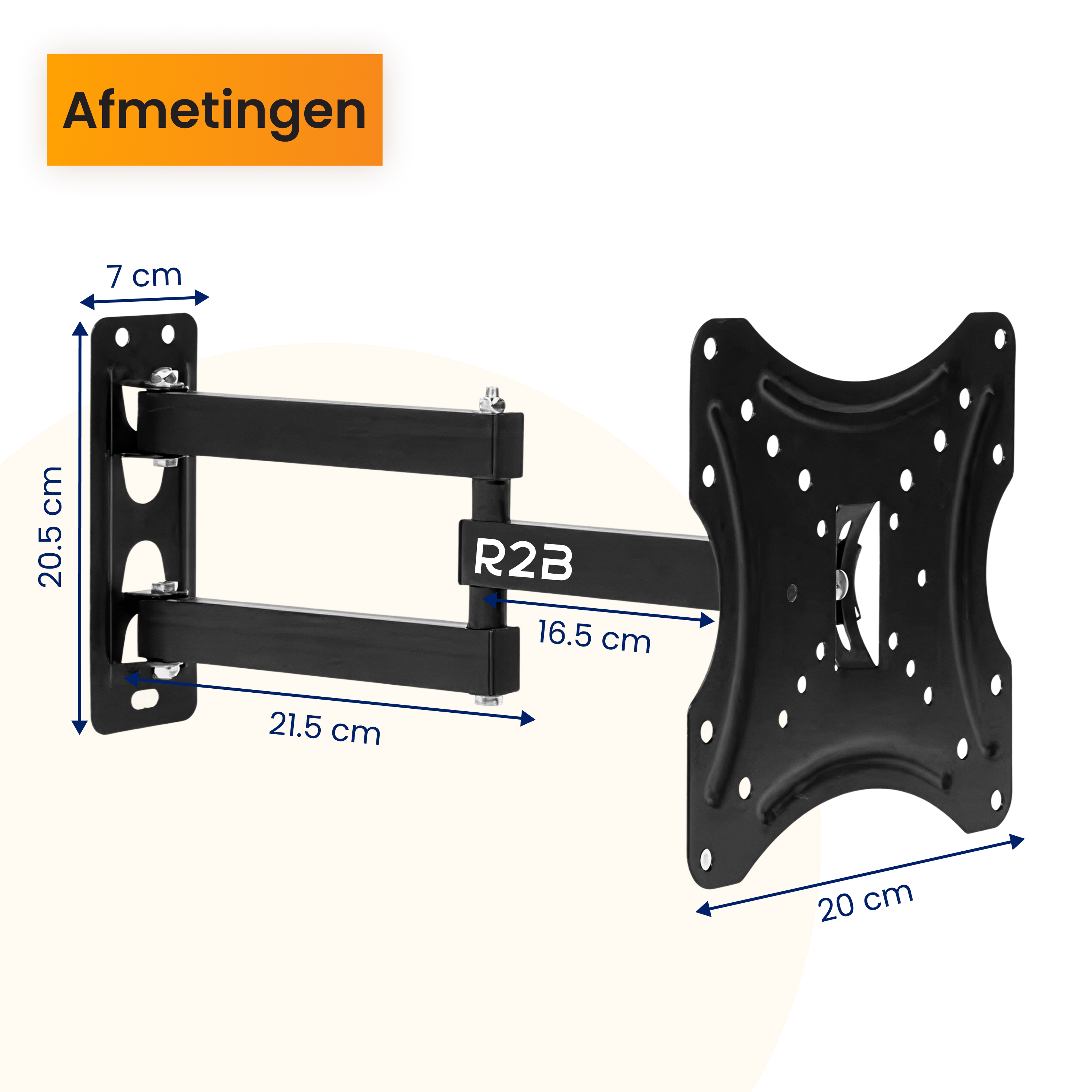 Zwarte tv-muurbeugel met afmetingen: 7cm, 20.5cm, 21.5cm, 16.5cm, 20cm.