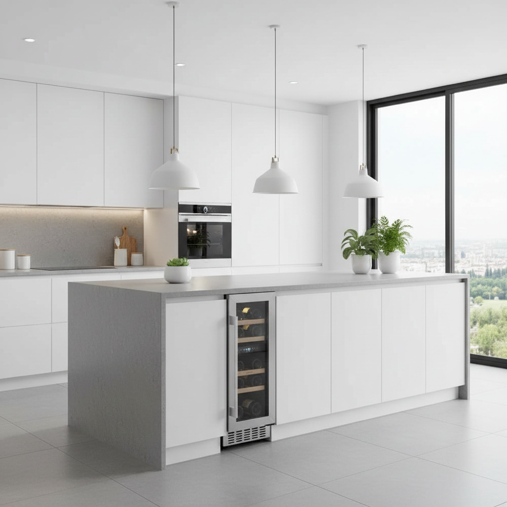 Moderna cocina blanca con isla, nevera de vino y vista a la ciudad.
