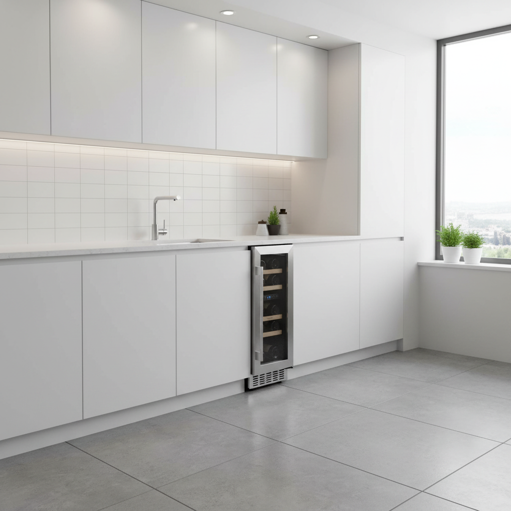 Moderna cocina blanca con nevera de vinos, fregadero, grifo y salpicadero de azulejos.