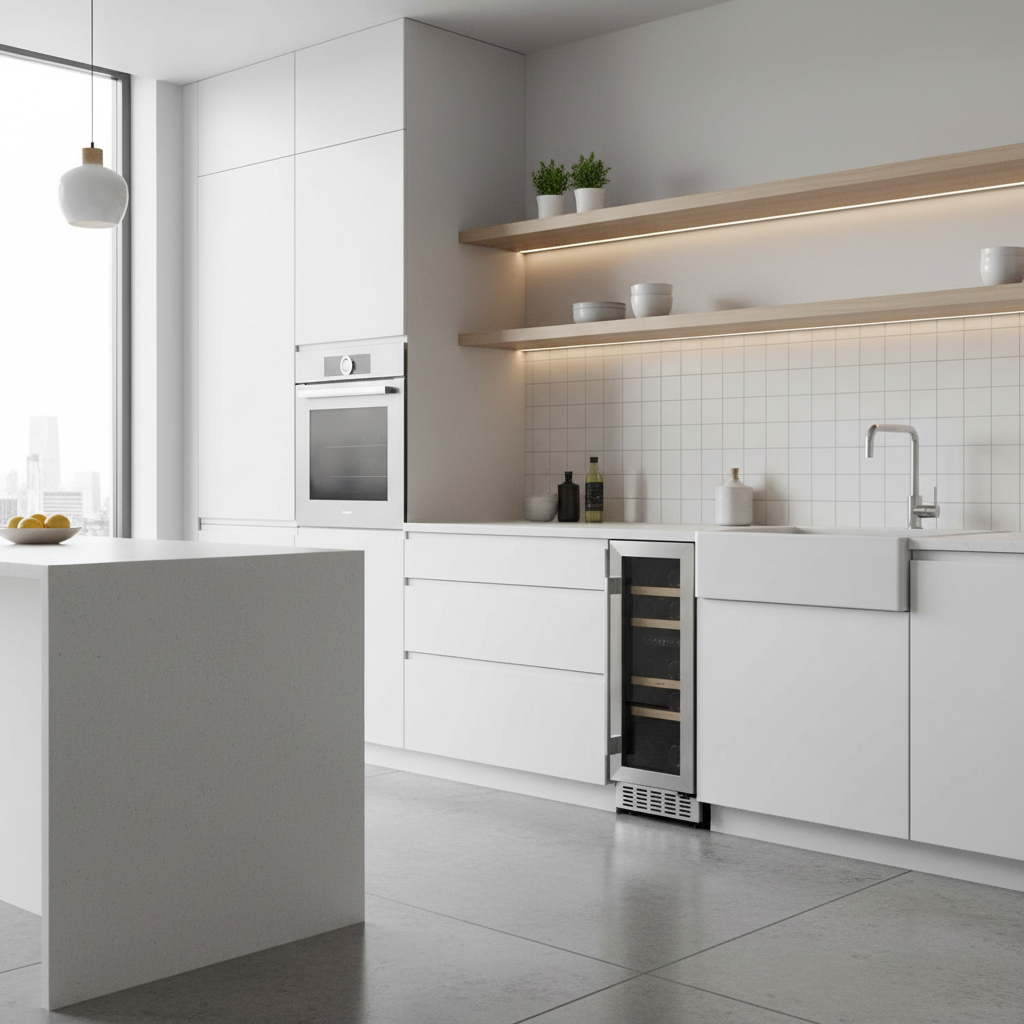 Cocina blanca moderna con isla, horno y enfriador de vino. Estantes de madera con luces.