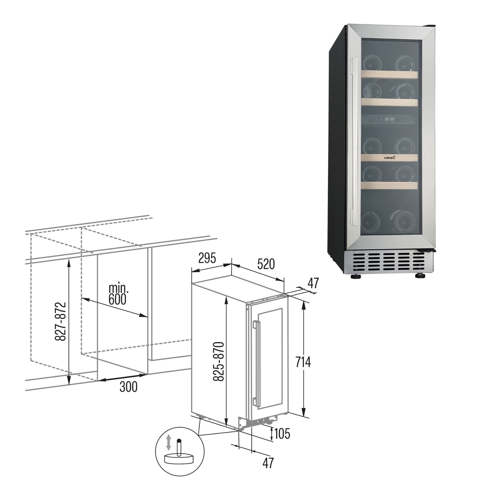 Vinoteca integrable con puerta de cristal, dimensiones y medidas.