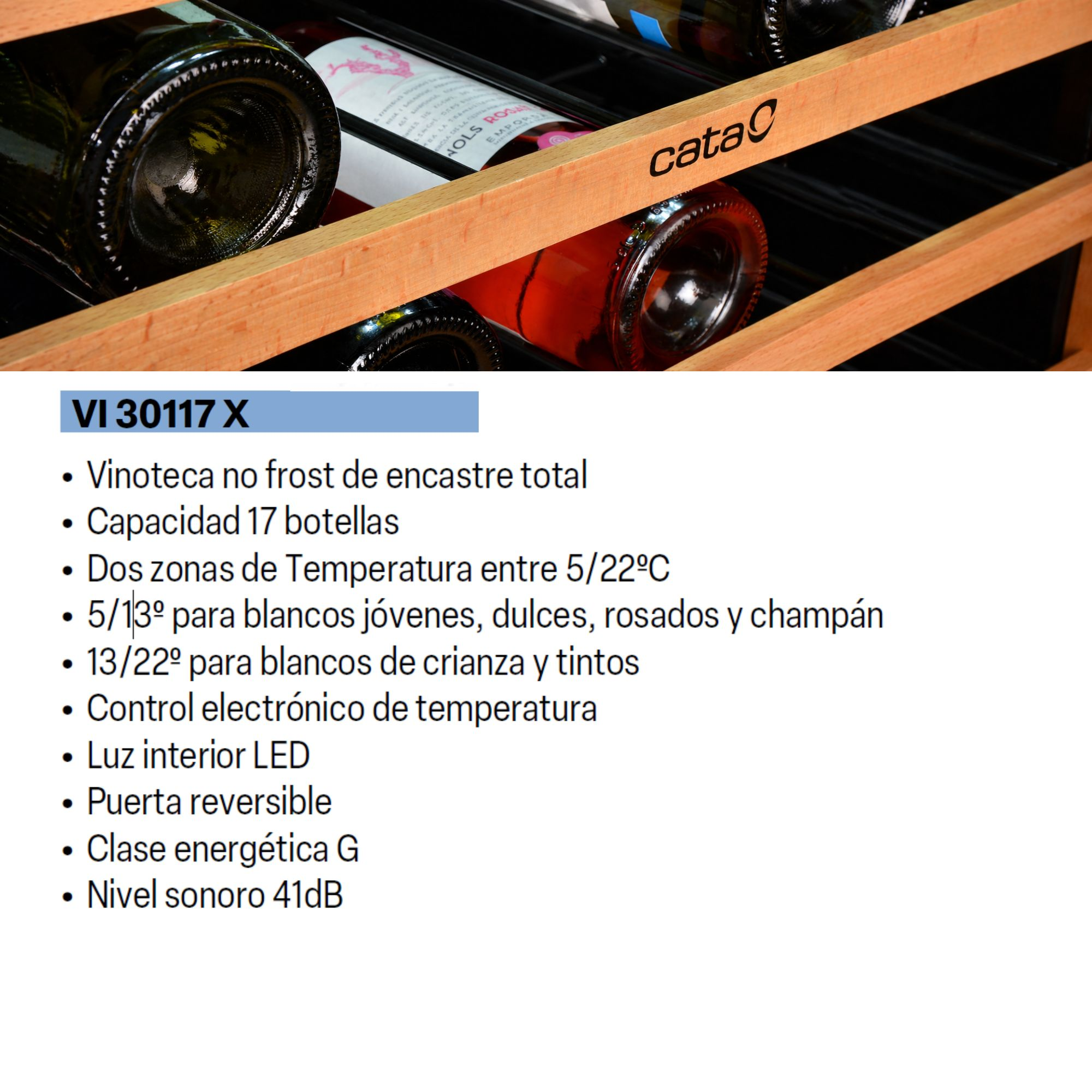 Vinoteca con estantes de madera y botellas. Modelo VI 30117 X.