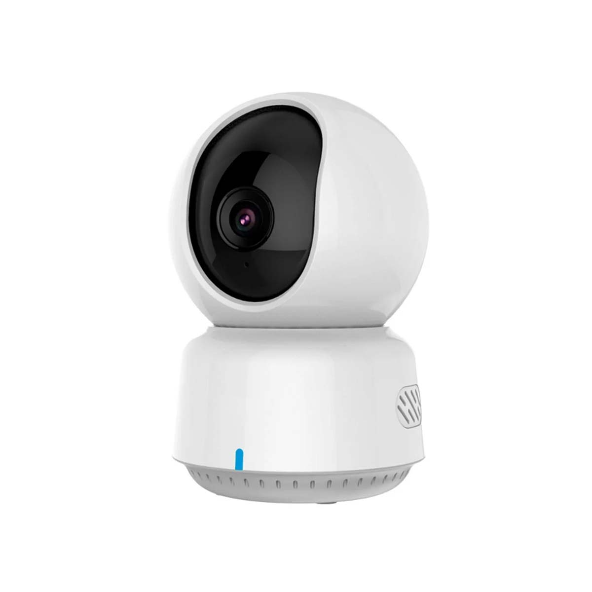 Een witte pan-tilt camera met zwarte lens en blauwe lichtstrip.