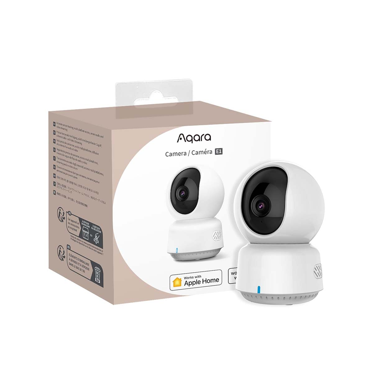 Twee witte Agara camera's op een doos met Apple Home logo.