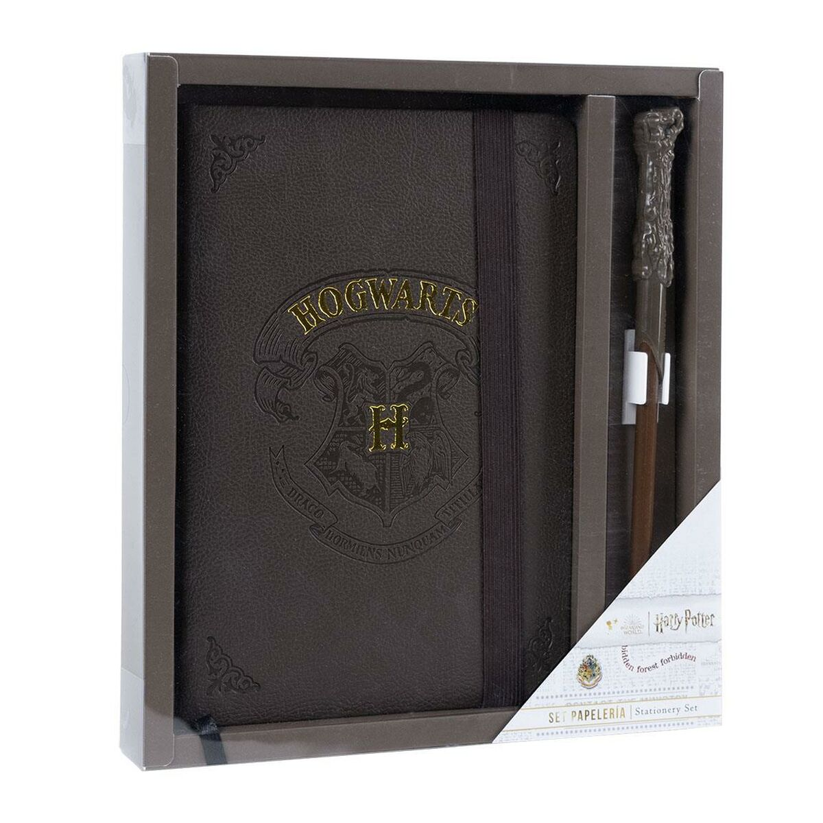 Harry Potter Hogwarts Schreibwaren-Set mit dunklem braunem Journal und Zauberstab.