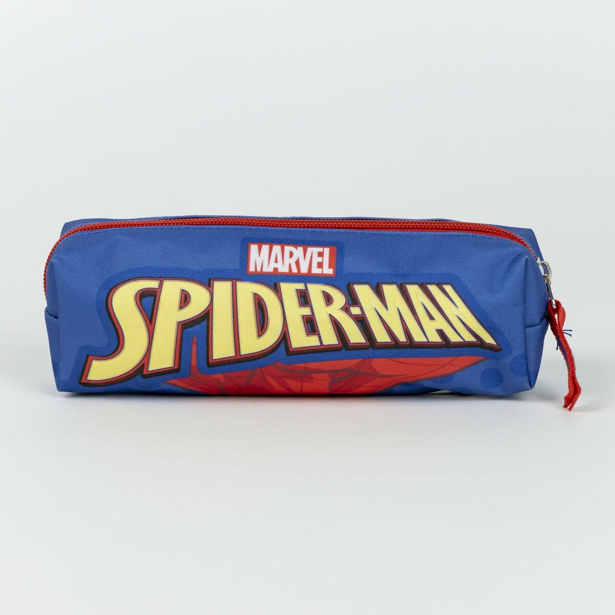 Blauer Marvel Spiderman Federmäppchen mit rotem Reißverschluss und gelbem Schriftzug.