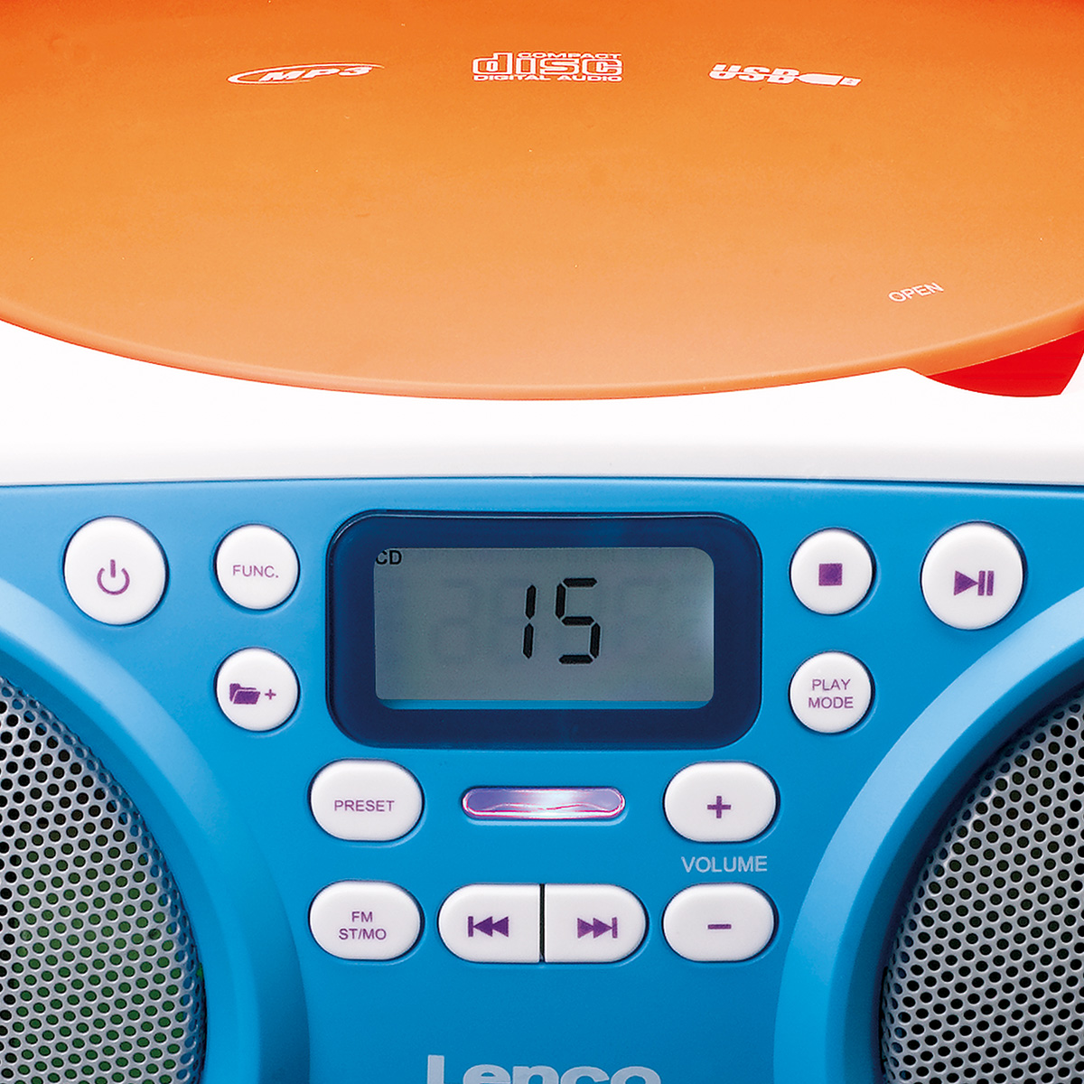 Ein blaues CD-Radio mit orangefarbener Abdeckung. Zeigt die Nummer 15.