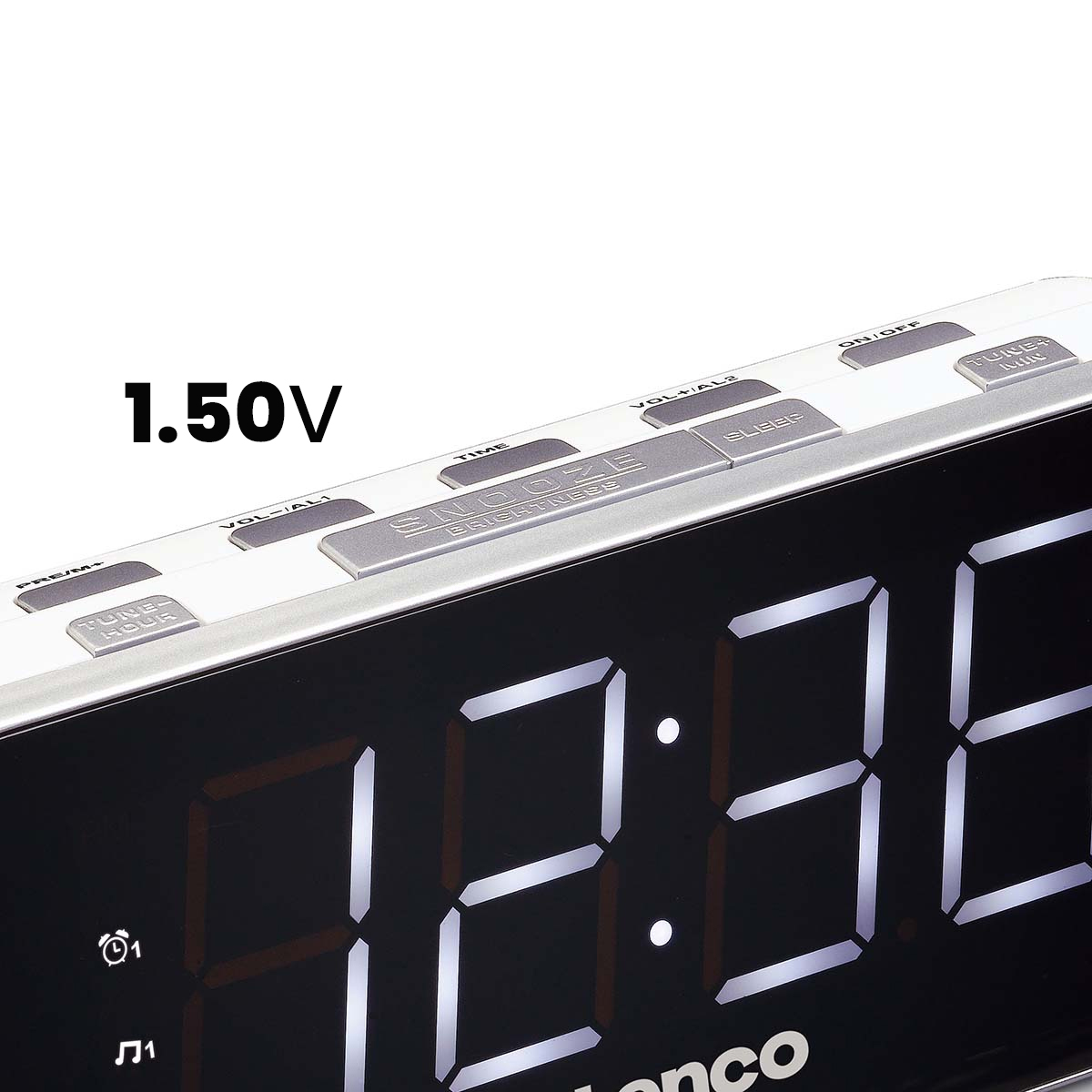 Digitaluhr zeigt 12:36. Tasten beschriftet TIME, SNOOZE, SLEEP, ON/OFF.