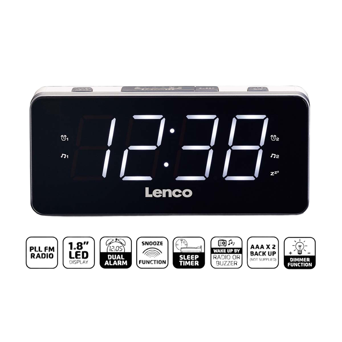 Ein digitaler Radiowecker von Lenco mit leuchtend weißen Zahlen, die 12:38 anzeigen.
