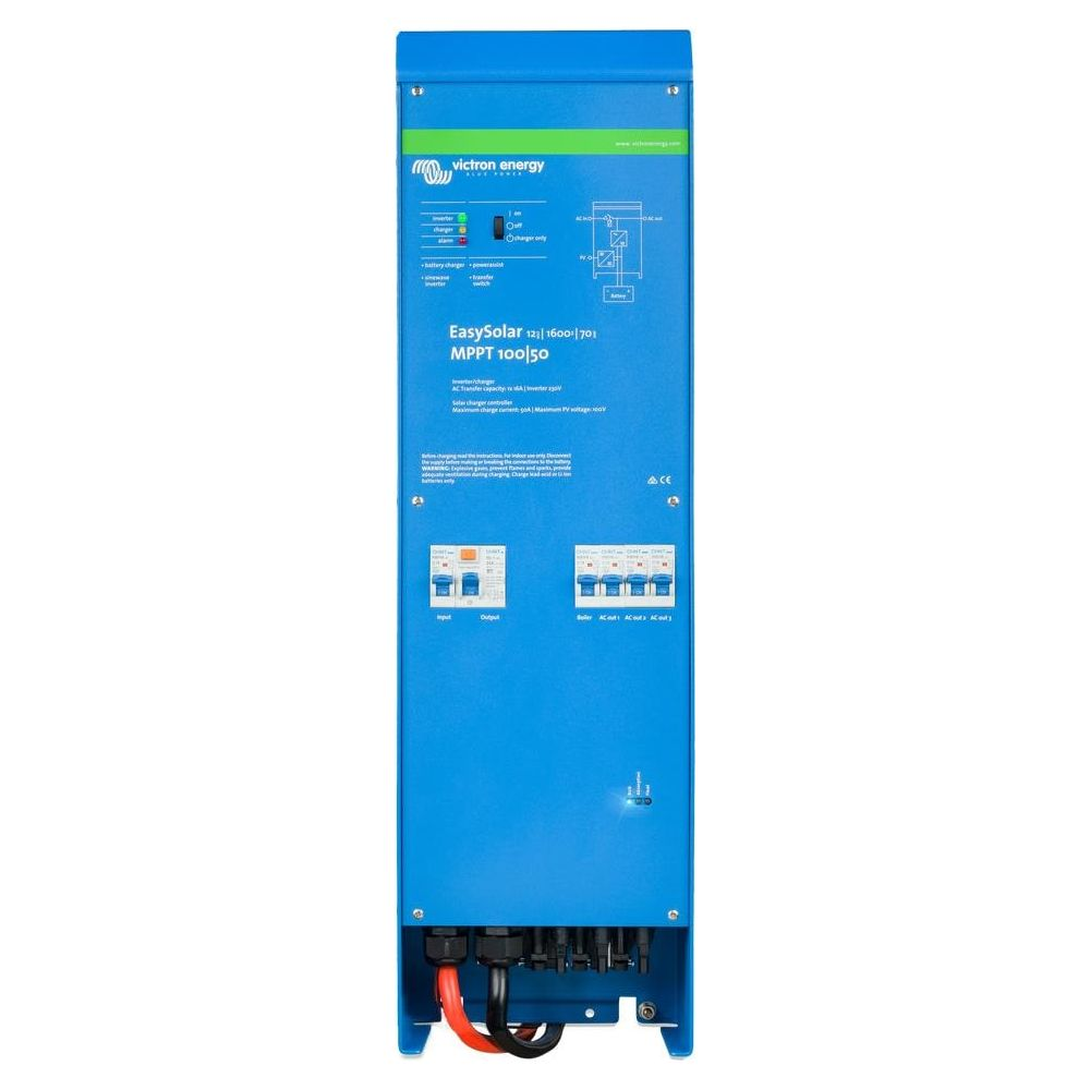 Ein blaues Victron Energy EasySolar Solarladegerät mit Beschriftungen und Anschlüssen.