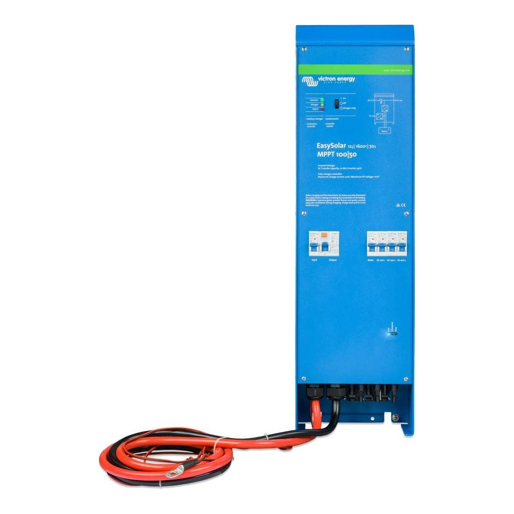 Blauer Victron Energy EasySolar MPPT 100/50 Solarladeregler mit Kabeln.