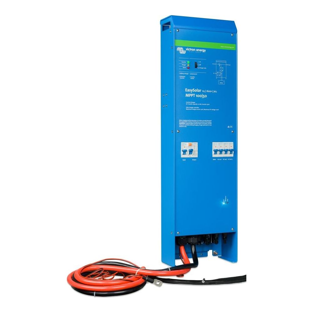 Ein blaues Victron Energy EasySolar MPPT 100/50 Gerät mit Kabeln.