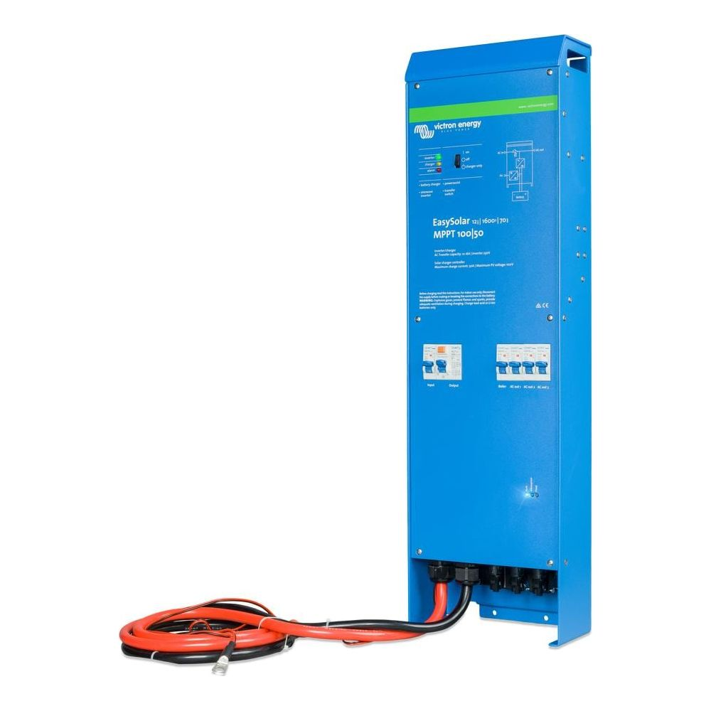 Blauer Victron Energy Wechselrichter mit Kabeln und Schaltern.