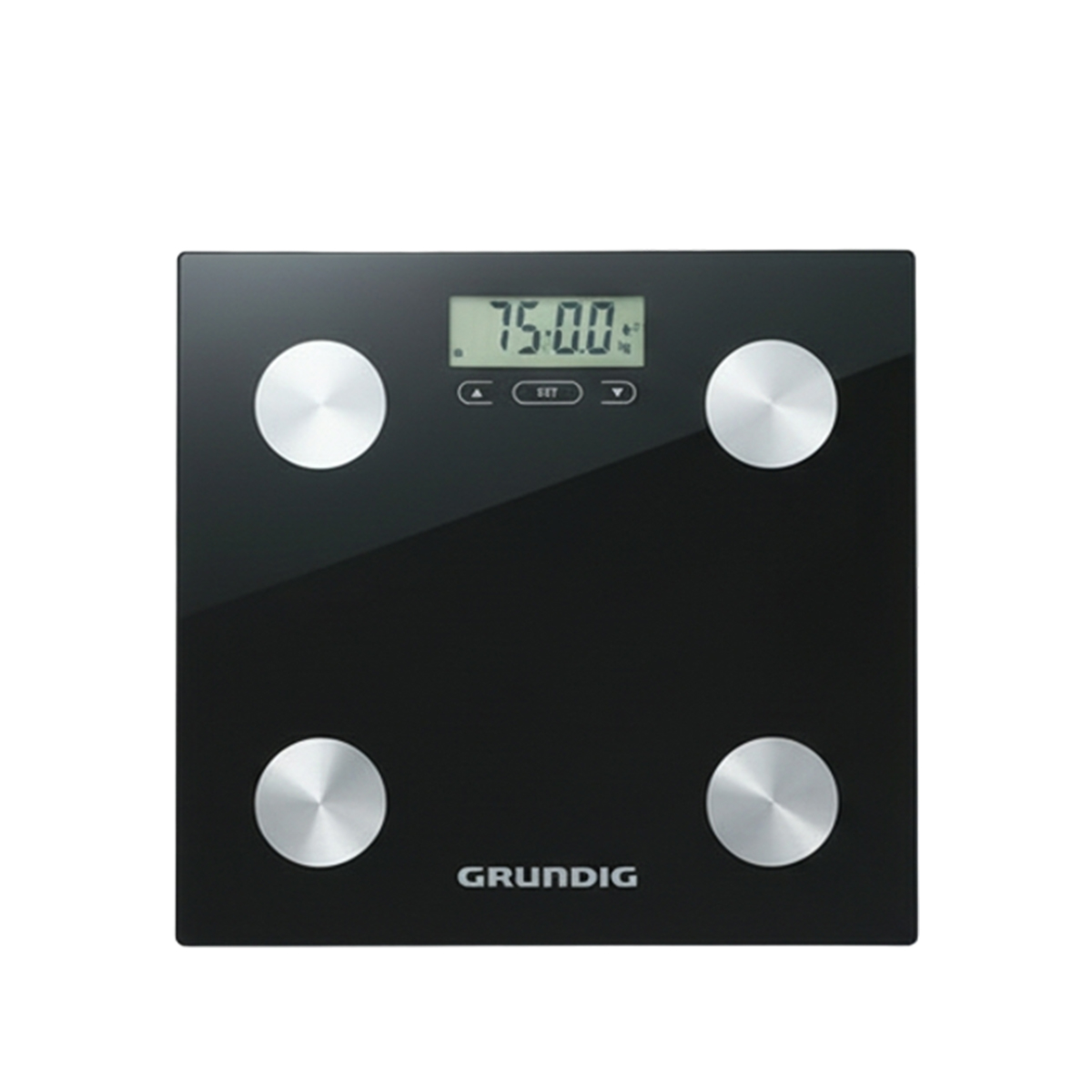 Schwarze digitale Personenwaage mit silbernen Sensoren und LCD-Display.