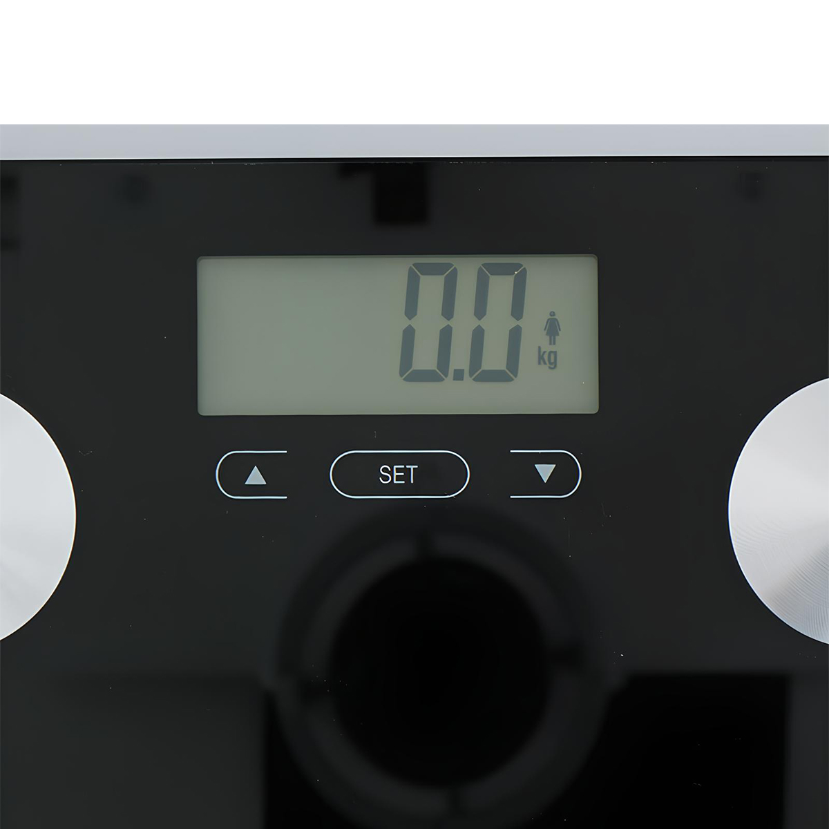 Digitale Personenwaage mit schwarzem Glasdisplay, zeigt 0.0 kg an.
