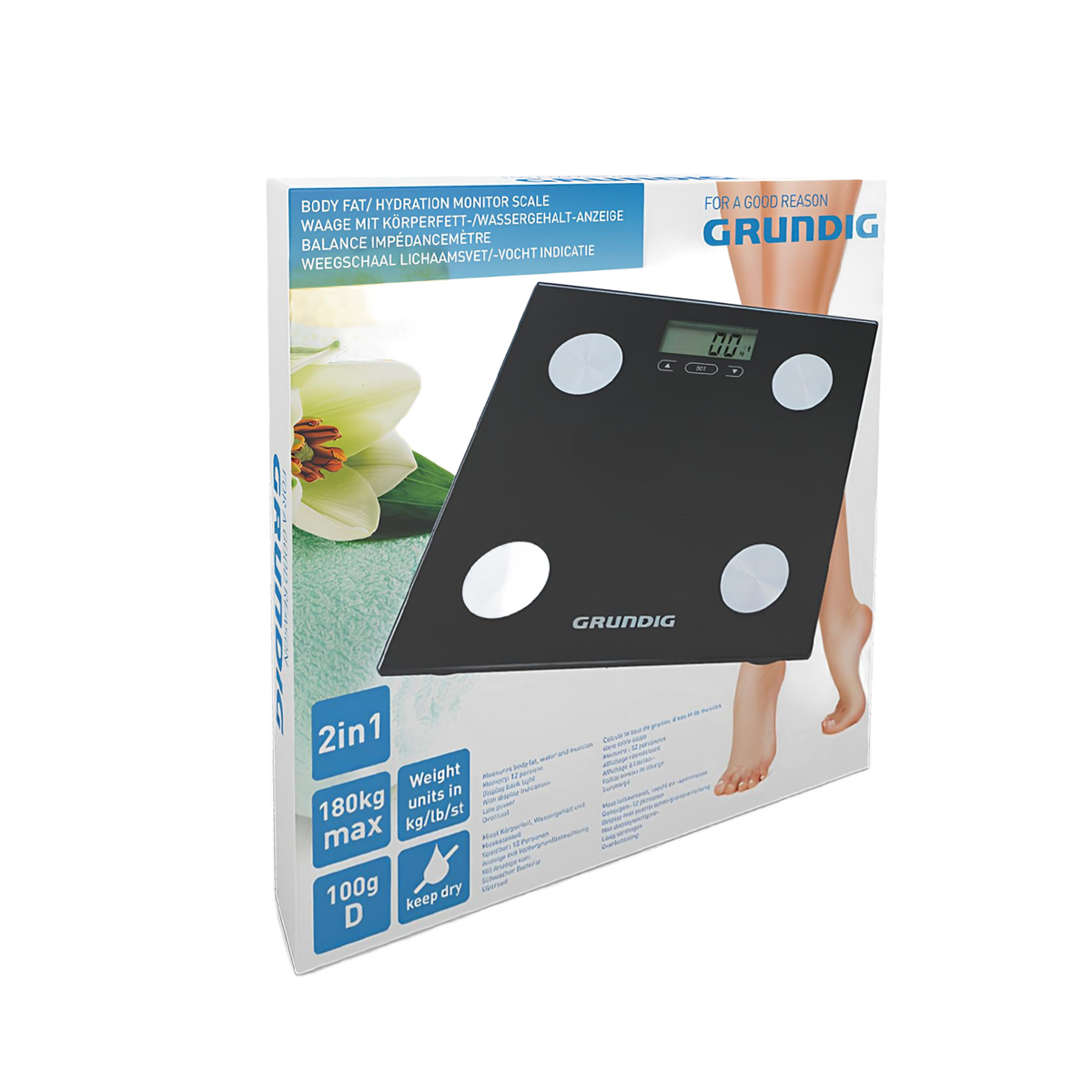 Schwarze digitale Personenwaage mit Grundig-Logo, ideal für Körperfettanalyse.