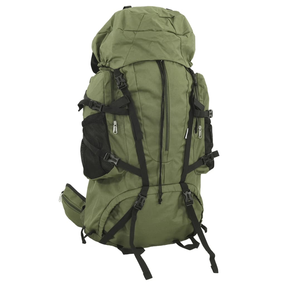 Ein großer, olivgrüner Rucksack mit vielen Taschen und Riemen.