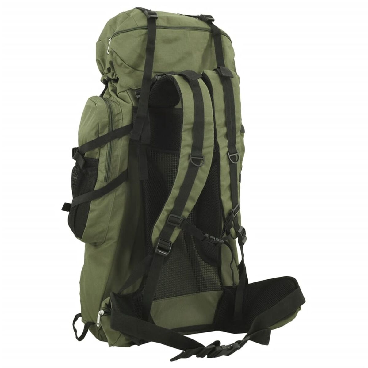 Grüner Rucksack mit schwarzen Gurten und Schnallen, von hinten.