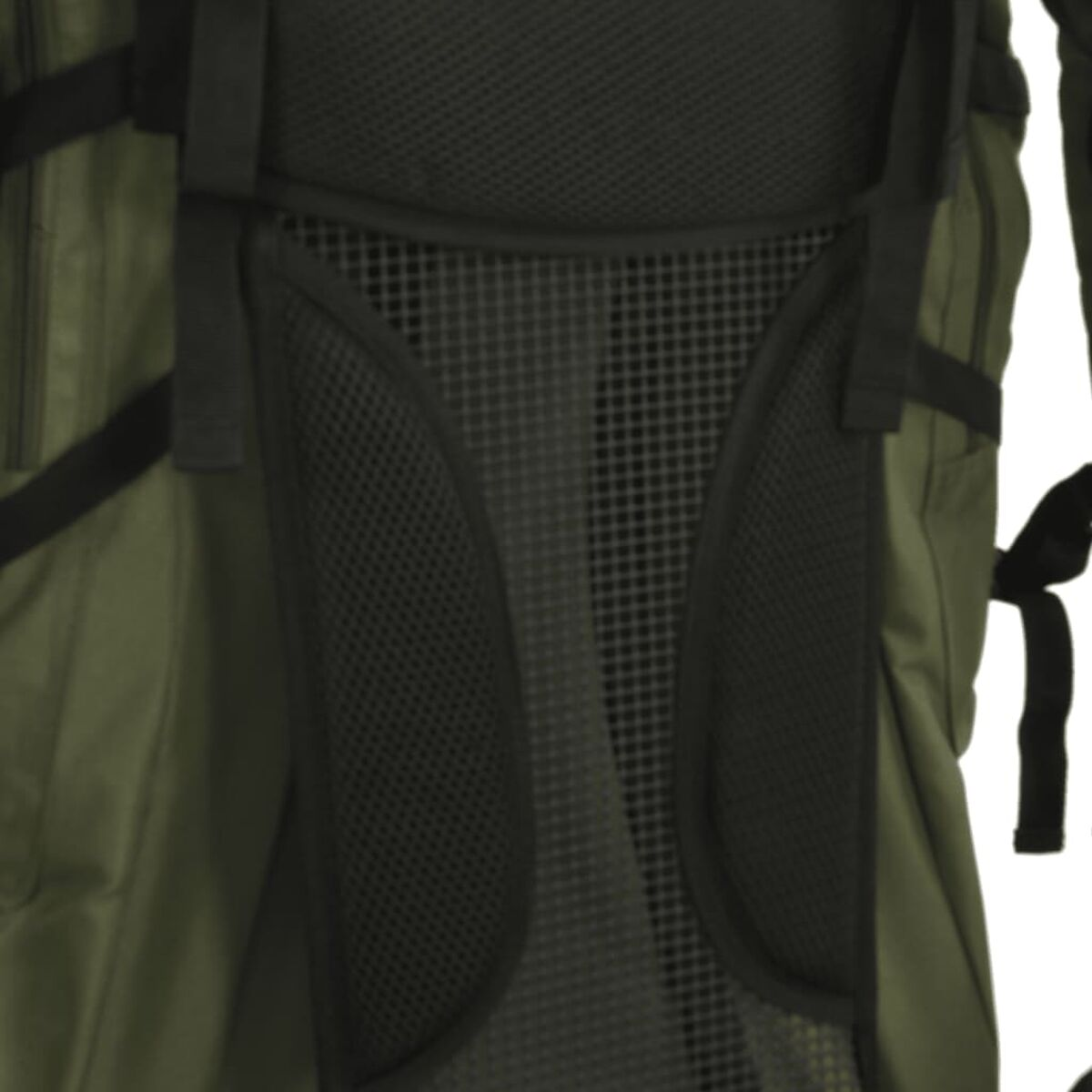 Rückseite eines grünen Rucksacks mit schwarzem Netzgewebe und gepolsterten Trägern.