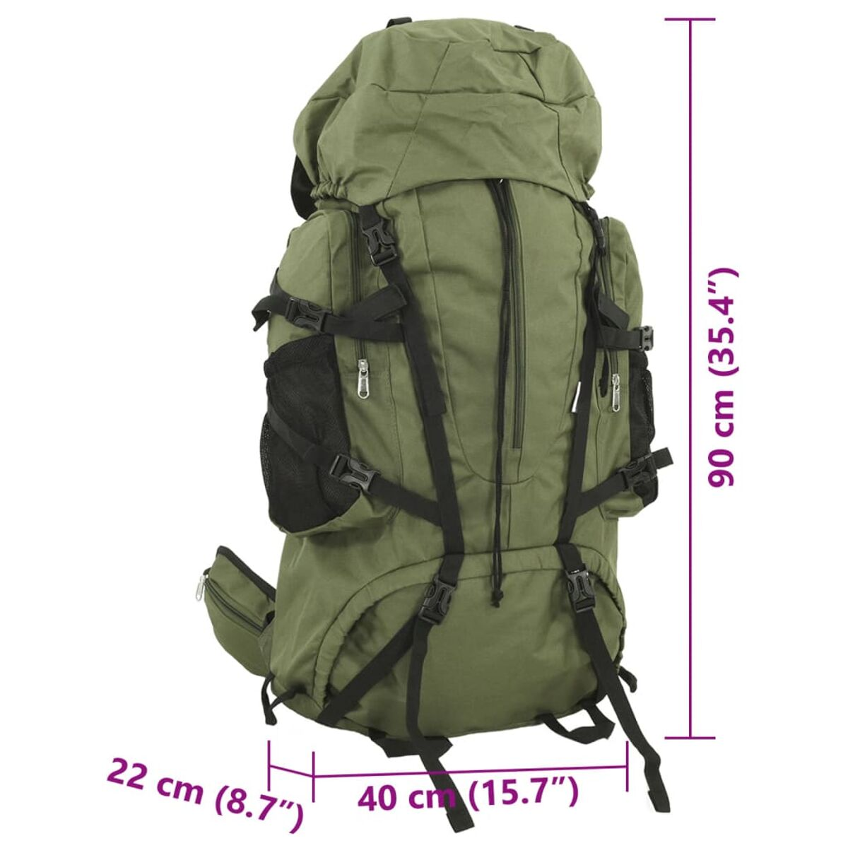 Ein großer olivgrüner Rucksack mit vielen Schnallen und Taschen. Maße: 90x40x22cm.
