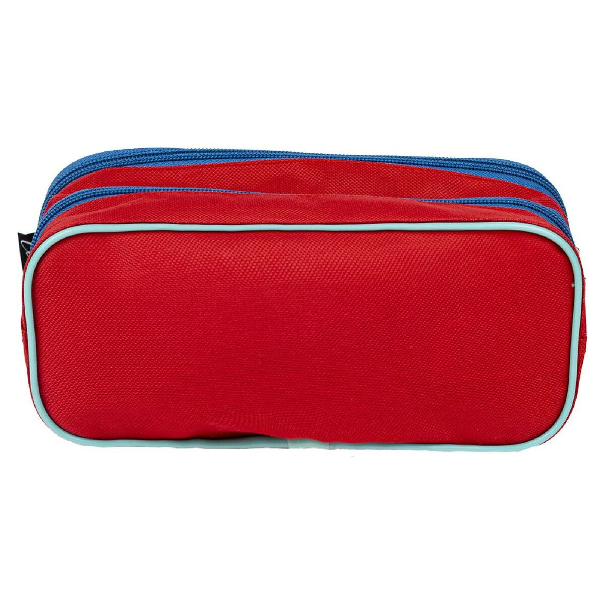 Un estuche rojo con cremalleras azules y ribete azul claro.