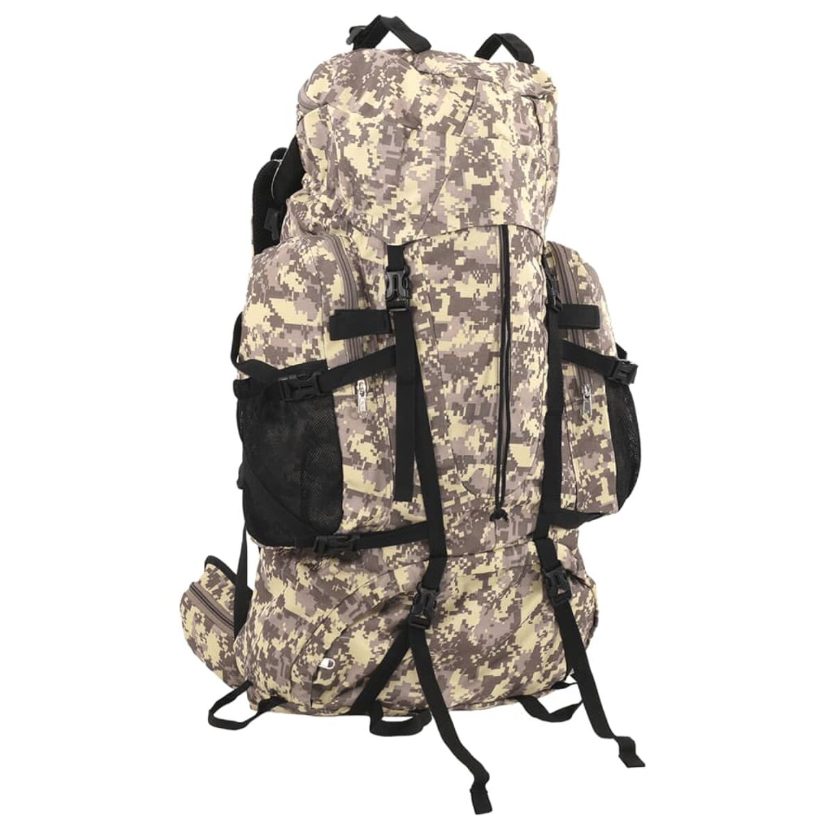 Ein großer Rucksack mit digitalem Tarnmuster in Grau- und Beigetönen.