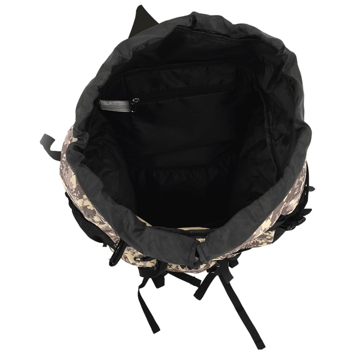 Ein Rucksack mit digitalem Tarnmuster und offenem Hauptfach. Schwarzes Innenfutter.