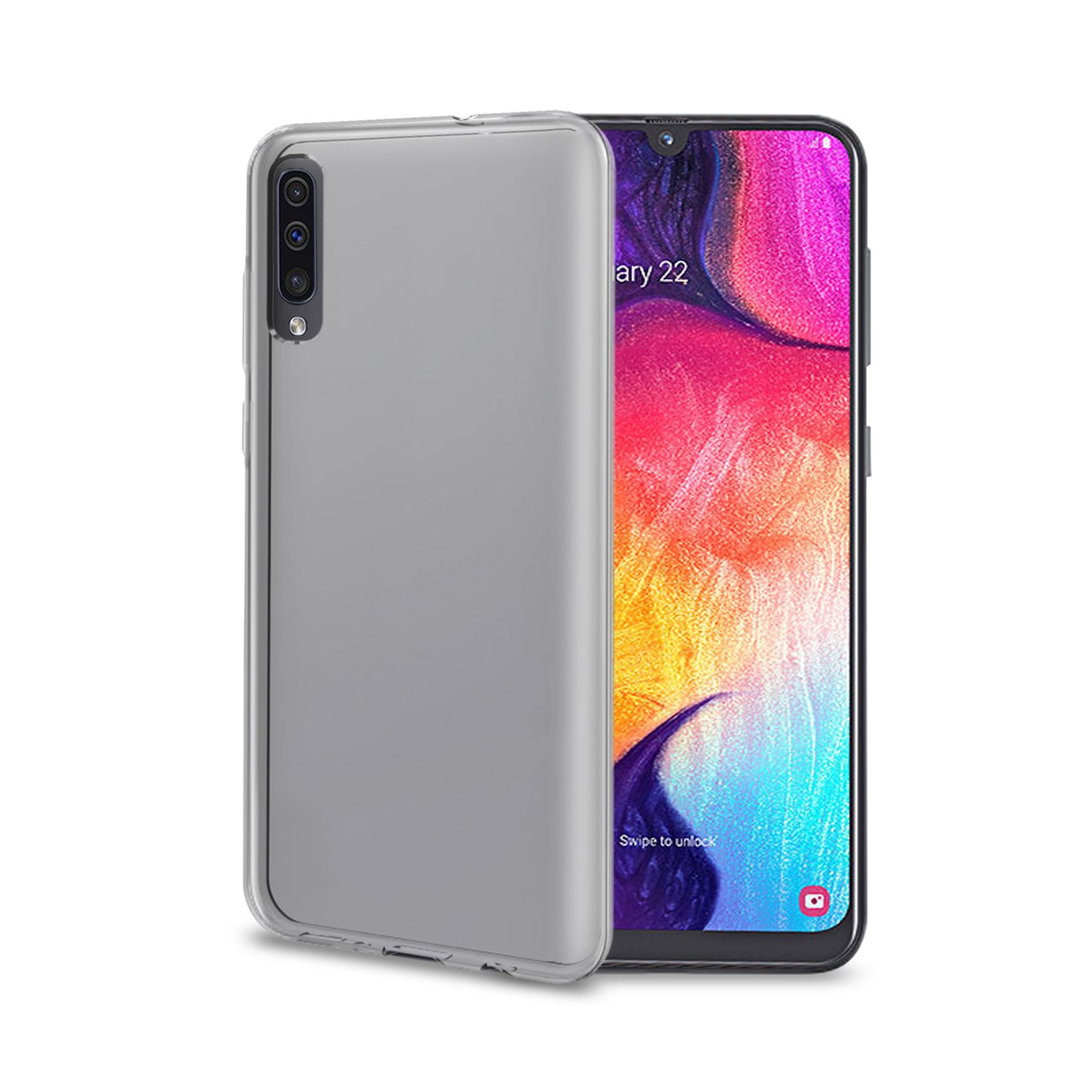 Ein durchsichtiges Handy-Case liegt vor einem Smartphone mit buntem Bildschirm.