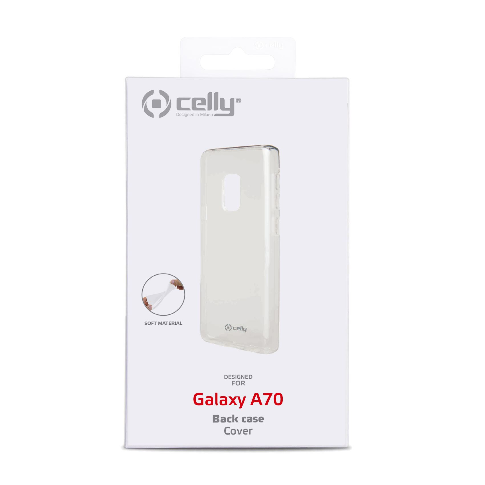 Verpackung einer transparenten Handyhülle für Galaxy A70.