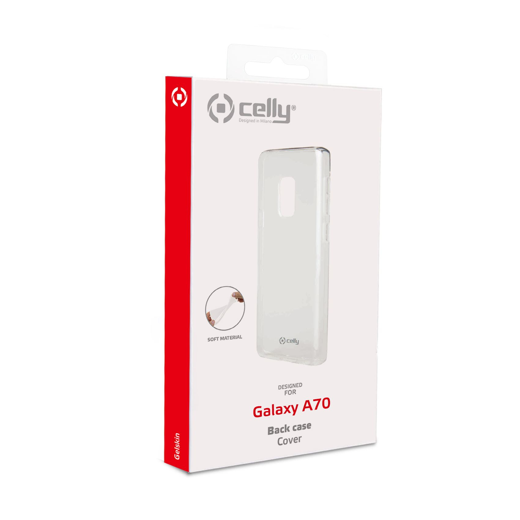 Verpackung einer klaren Handyhülle für Galaxy A70, mit rotem Streifen.