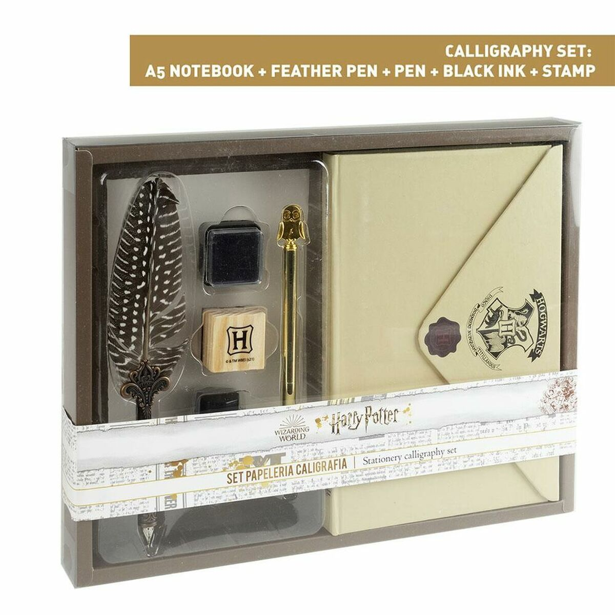 Set de caligrafía Harry Potter: Cuaderno A5, pluma, bolígrafo, tinta y sello.