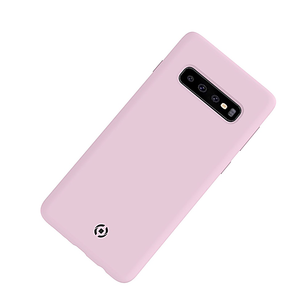 Una cover rosa chiaro per telefono con un array di obiettivi della fotocamera in alto.