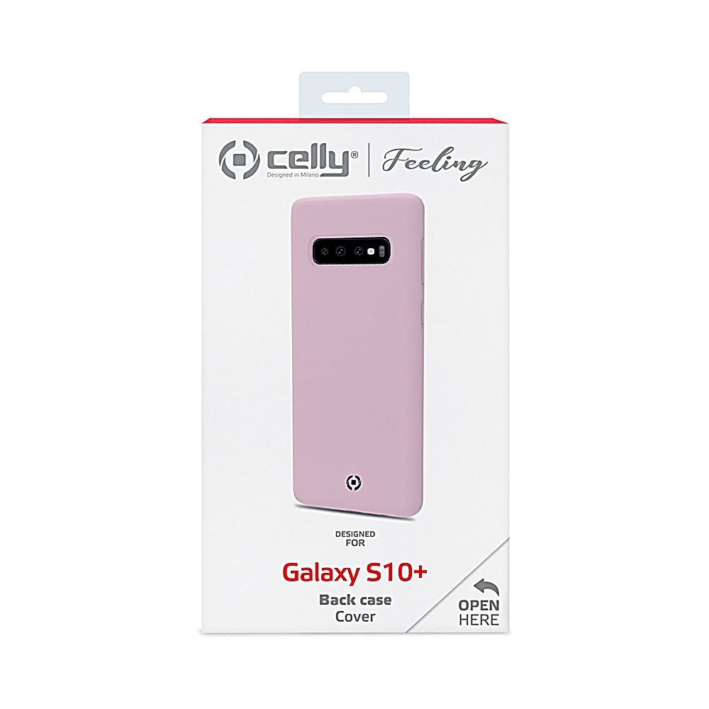 Confezione per una cover rosa chiaro per Galaxy S10+ con logo Celly.