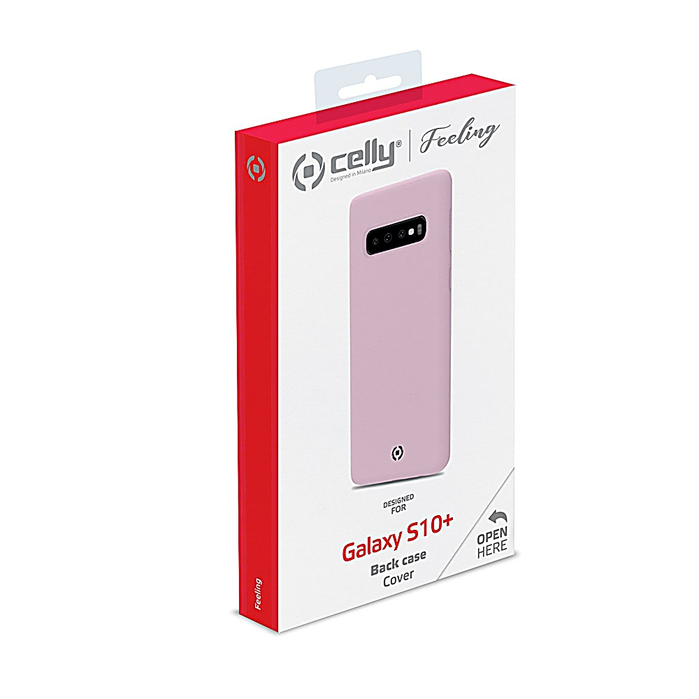 Confezione rosa per cover Galaxy S10+ con logo Celly e testo 'Feeling'.