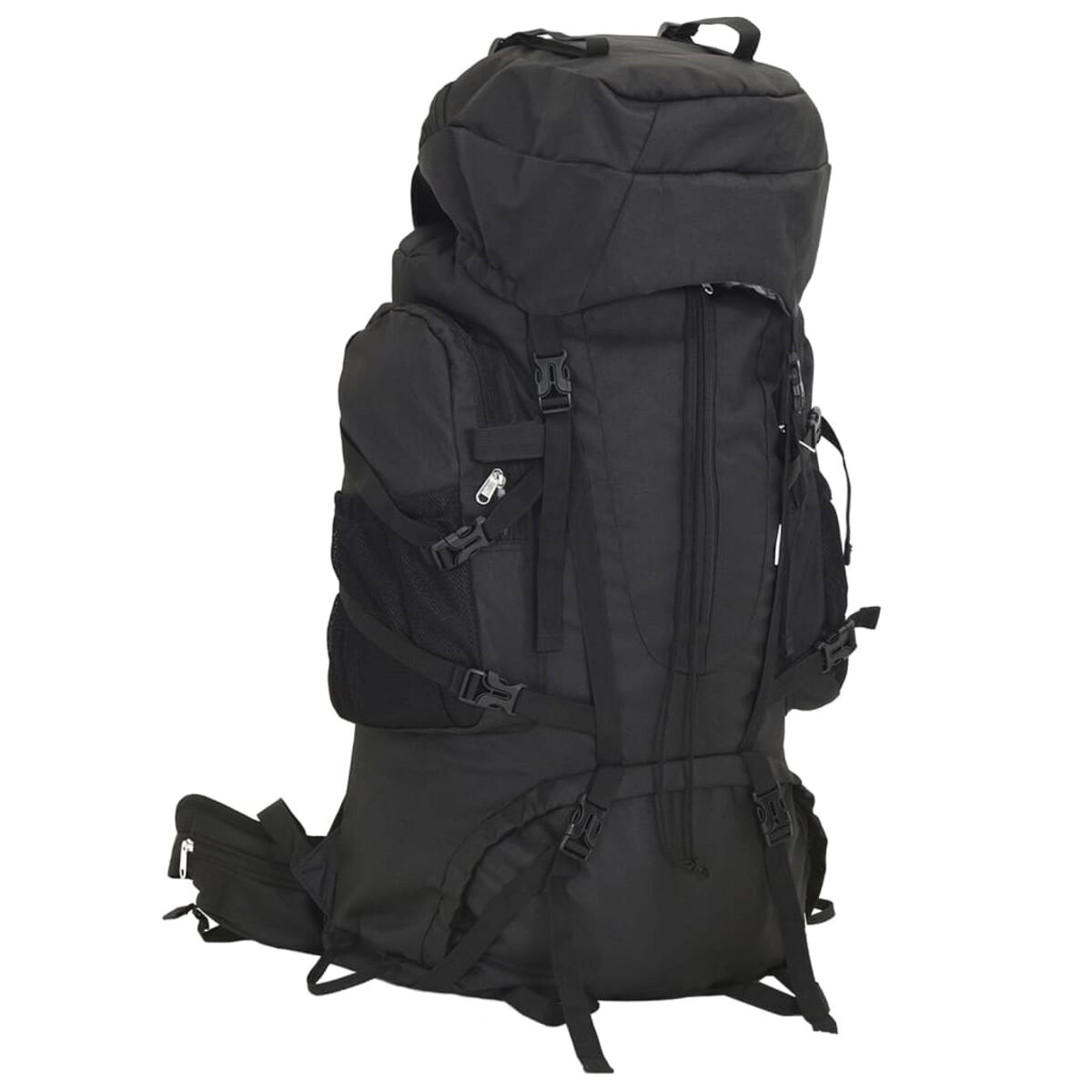 Ein großer schwarzer Rucksack mit vielen Fächern und Schnallen, auf weißem Hintergrund.