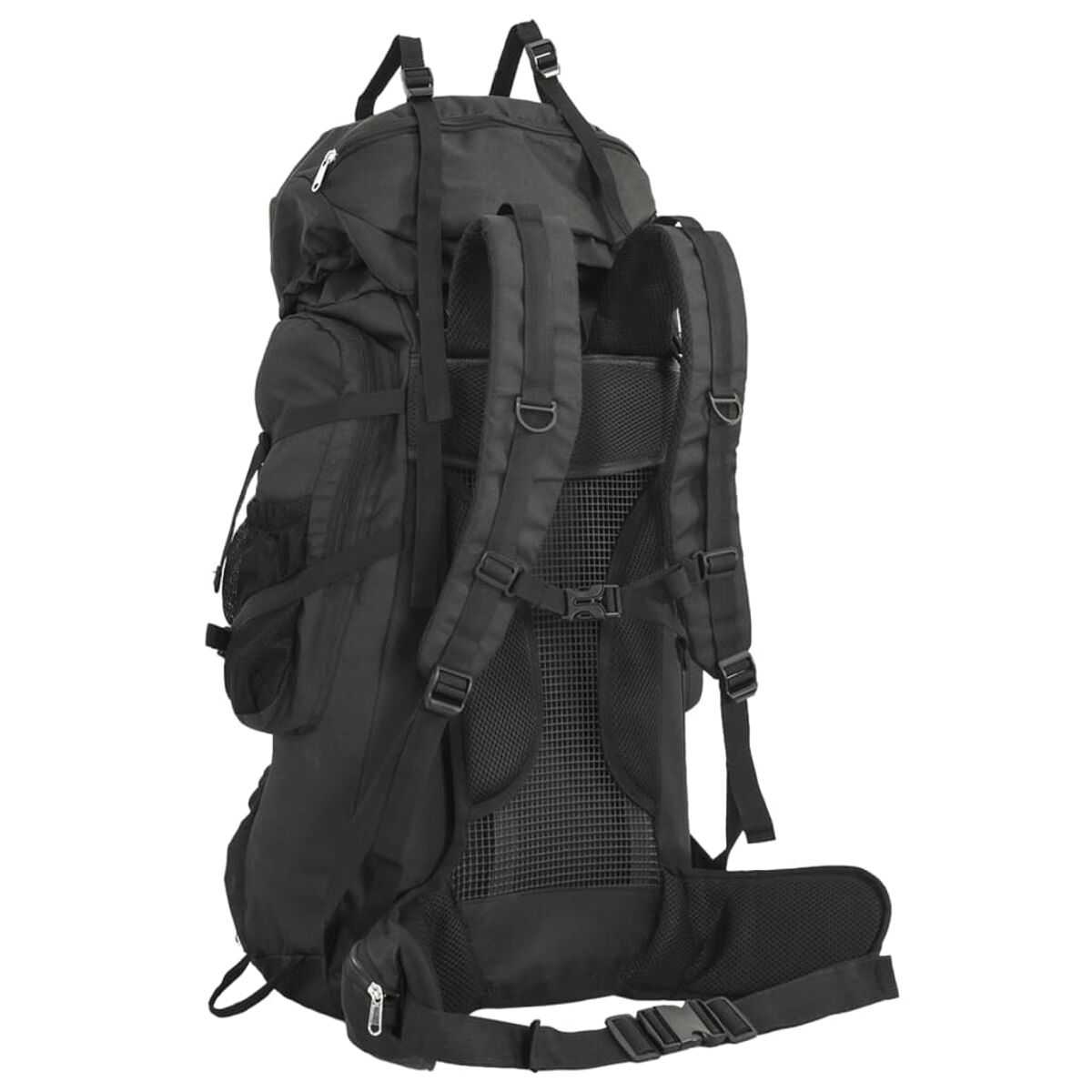 Ein schwarzer Rucksack mit vielen Gurten und Taschen, auf weißem Hintergrund.