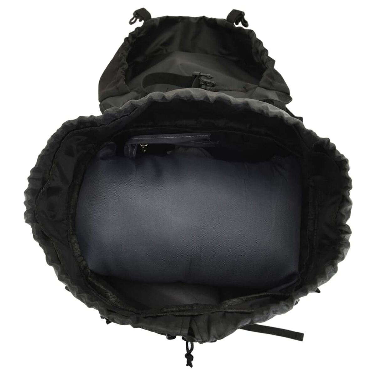 Offener schwarzer Rucksack mit grauer Einlage.