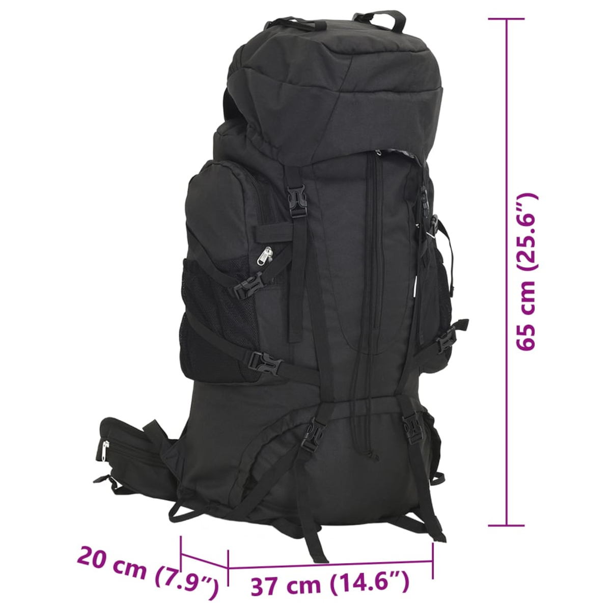Ein großer schwarzer Rucksack mit vielen Taschen und Schnallen.