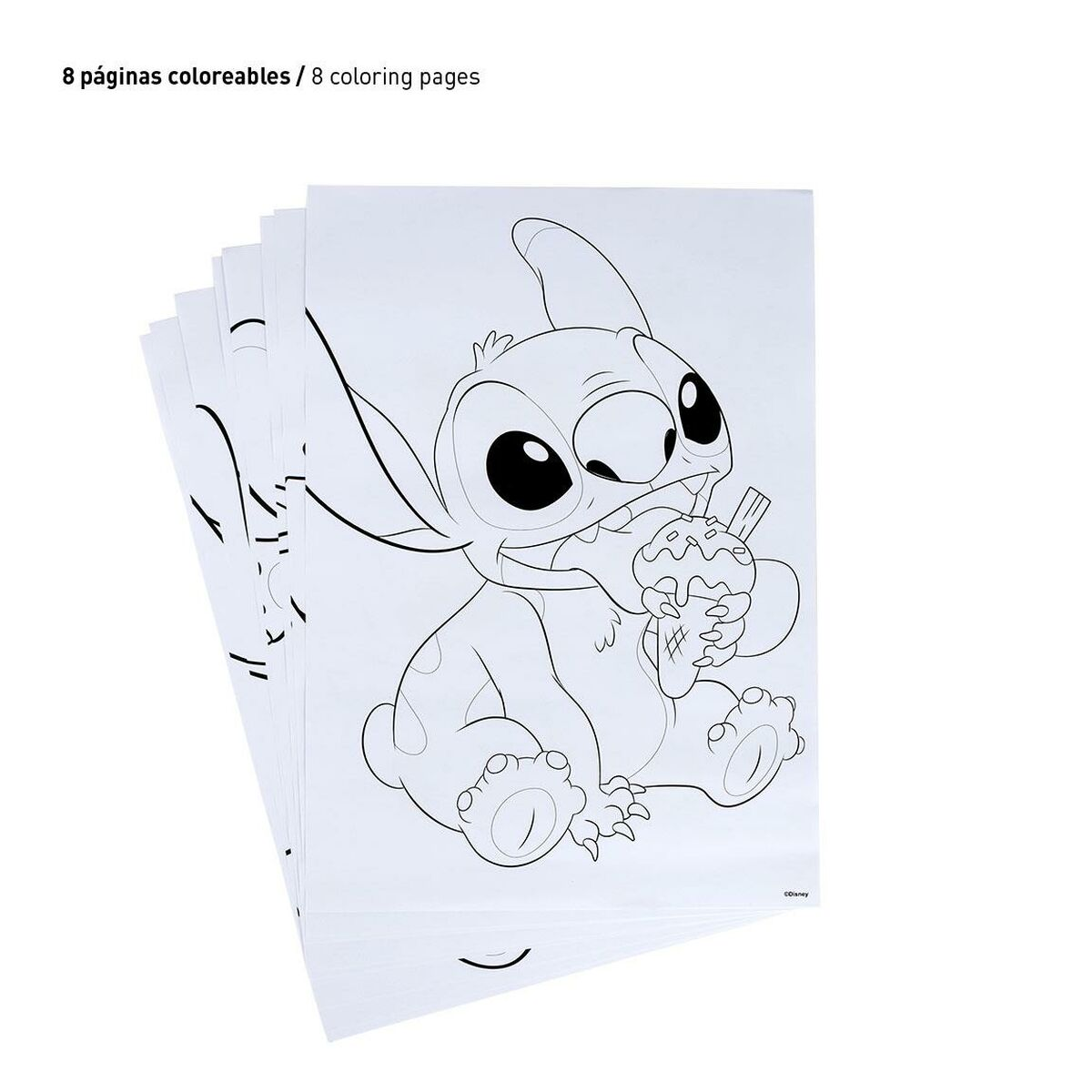 Eine Zeichnung von Stitch, der ein Eis isst. Es sind 8 Malvorlagen.