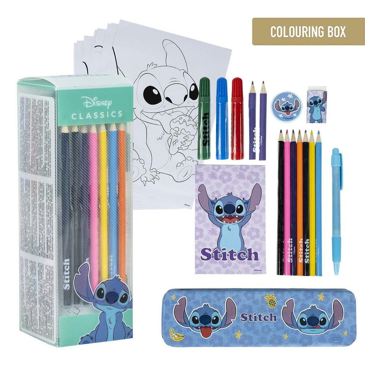 Disney Stitch Malbox mit Stiften, Markern, Radiergummi und Malvorlagen.
